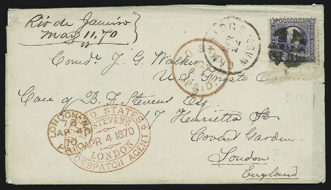 Tied by cork cancel, Cambridge Mass. Feb. 25 (1870) circular datestamp on cover to London, England, addressed to Comm. Walker on U.S.