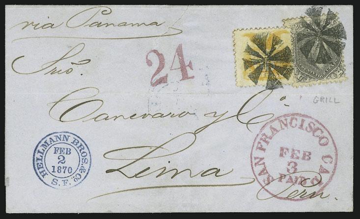 .. VERY FINE. AN ATTRACTIVE AND RARE MIXED-ISSUE FRANKING FOR THE 34-CENT RATE TO PERU BY AMERICAN AND BRITISH PACKET.... The 34c rate prepaid 10c U.S. postage to Panama by American packet and the 24c British packet charge for service to Peru.