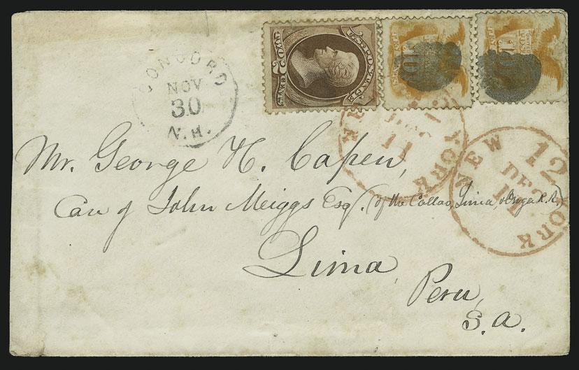 BRITISH MAILS TO SOUTH AMERICA 68 68 ` 10c Yellow (116). Two, used with 2c Red Brown (146), small faults, cork cancels, Concord N.H. Nov.