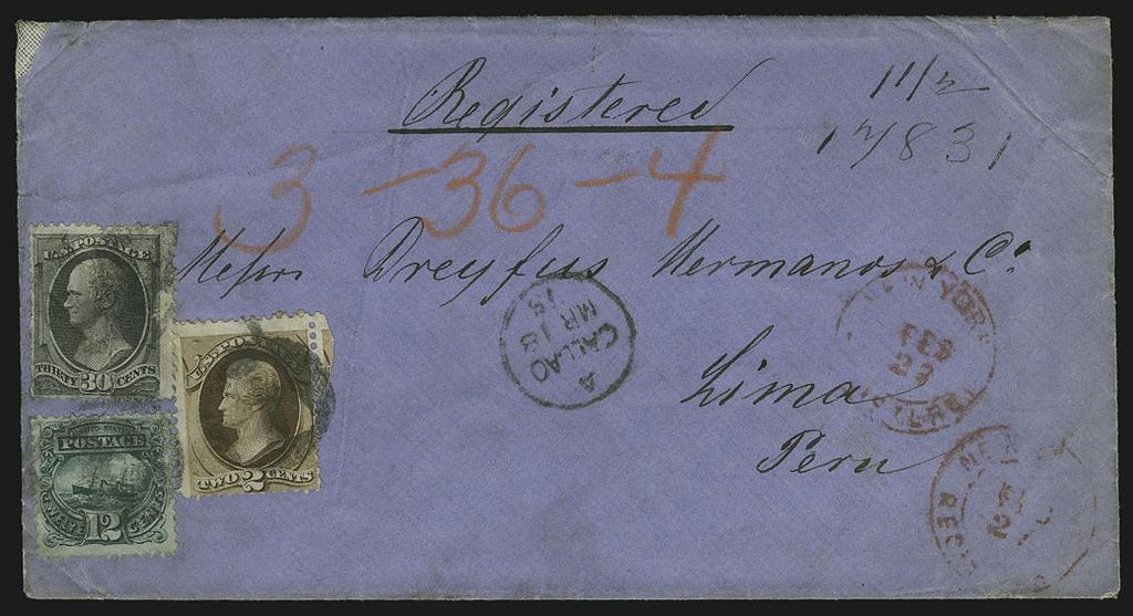 11 credit datestamp ties two stamps, receiving backstamp, reduced at left, Fine appearance, attractive combination for 22c rate... E. 750-1,000 69 69 ` 12c Green (117).