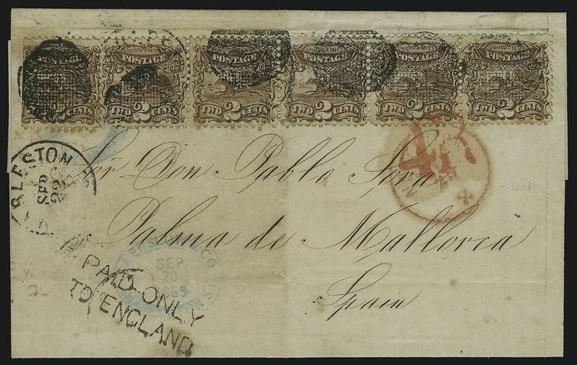 BRITISH MAILS TO SPAIN 710 71 ` 2c Brown (113). Strip of five and single (s.e.), trivial gum stains, tied by cork cancels and Charleston S.C. Sep.