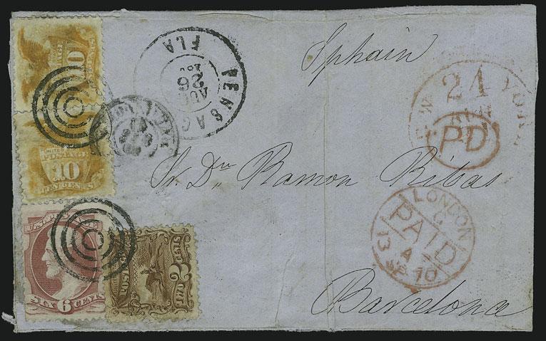 vertical file fold thru stamp, faintly toned at left, otherwise Fine, rare usage, overpaid for 10c letter rate (it is unclear why this printed circular was not sent as printed matter), signed