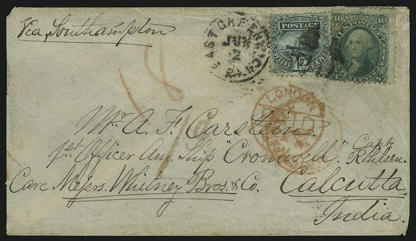 OTHER BRITISH MAILS OTHER BRITISH MAILS 73 73 ` 12c Green (117). Used with 10c Green, F. Grill (96), minor gum stains, tied by quartered cork cancel and East Greenwich R.I. Jun.