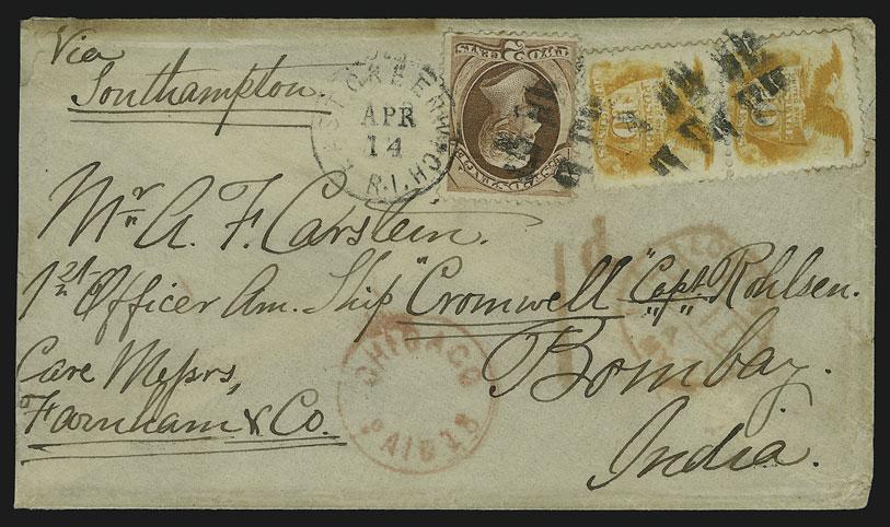 oval and Calcutta receiving backstamps, very minor edge faults... FINE. A RARE MIXED-ISSUE FRANKING FOR THE 22-CENT RATE TO INDIA.