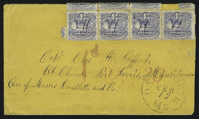 receiving backstamps, slightly reduced at right... VERY FINE. A FRESH AND UNUSUAL MIXED-ISSUE FRANKING COVER TO CEYLON, BEARING A SCARCE CHICAGO EXCHANGE OFFICE CREDIT MARKING.... Ex Stark.
