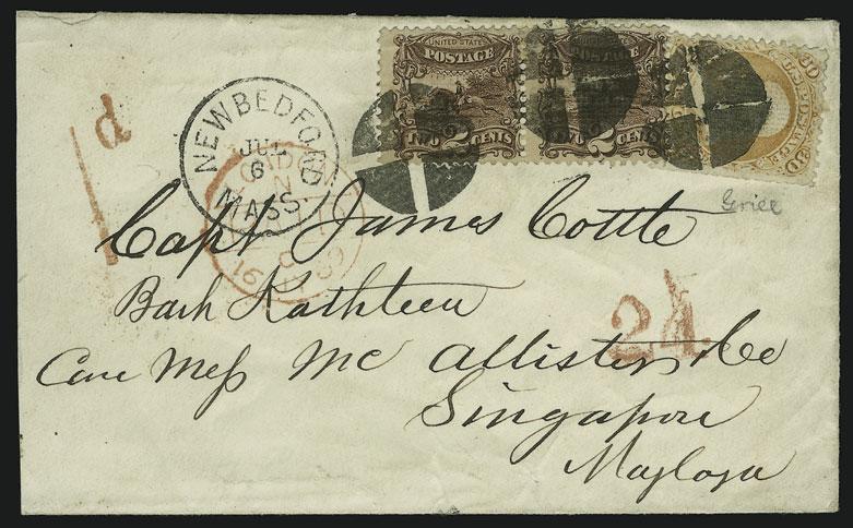 OTHER BRITISH MAILS 77 77 ` 2c Brown (113). Pair, deep shade, used with 30c Orange, F. Grill (100), s.e. and large sealed tear, tied by quartered cork cancels, New Bedford Mass. Jul.