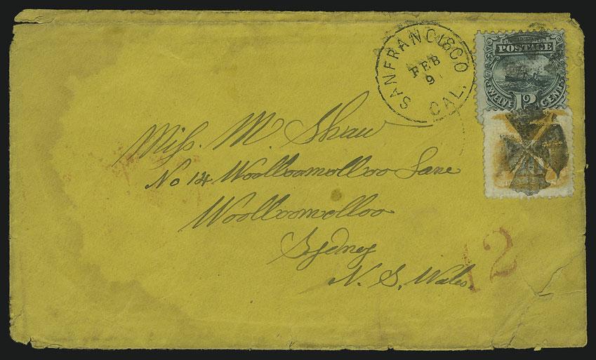reduced at left, Fine appearance, an exceedingly rare destination and mixed-issue franking during the 1869 Pictorial period... E. 1,500-2,000 78 78 ` 10c Yellow, 12c Green (116, 117).