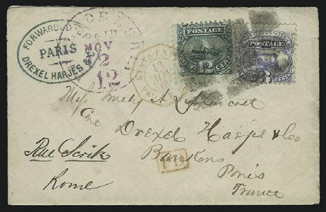 May 1869 circular datestamp on 3c Pink entire to Paris, France, red New York credit and blue Calais transit datestamps, reduced at right, slightly soiled, Fine, signed Ashbrook...... E.