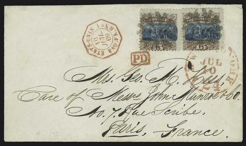 16 decimes due handstamp, blue Cherbourg transit ties stamp, Very Fine... E. 500-750 84 84 ` 15c Brown & Blue, Ty. I (118).