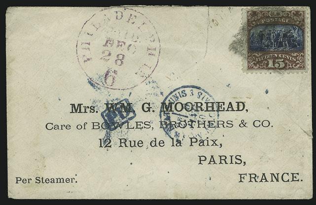 MAIL TO FRANCE 85 86 87 85 ` 15c Brown & Blue, Ty. II (119). Deep rich colors, tied by cork cancel, purple Philadelphia Pa. 6 Paid Dec.