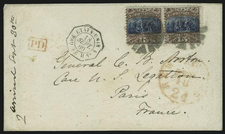 Ashbrook who notes late treaty usage... E. 300-400 86 ` 15c Brown & Blue, Ty. II (119). Two, rich colors, one has tiny corner crease, tied by circle of V s cancels, red New York Paid 24 Sep.