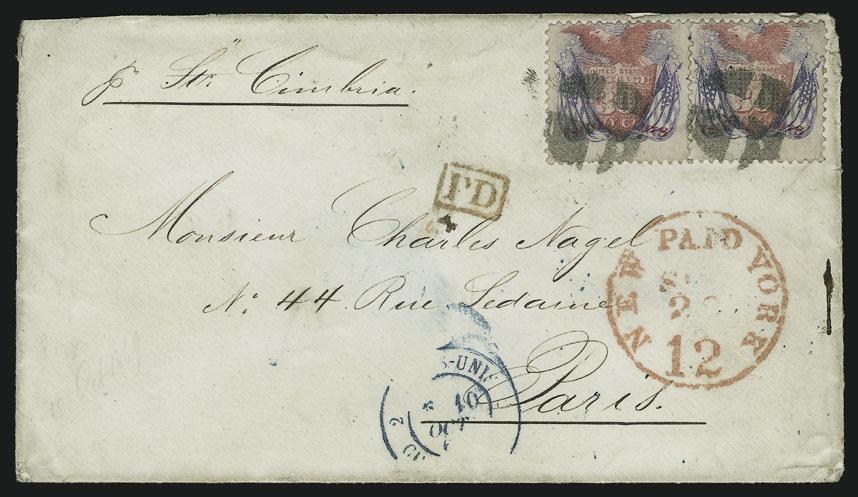 MAIL TO FRANCE 88 88 ` 30c Ultramarine & Carmine (121). Two, rich colors, one has tiny perf flaw at right, tied by quartered cork cancels, bold red New York Paid 12 Sep.