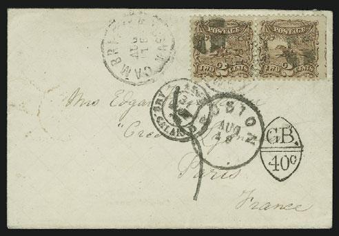 20 decimes due handstamp, prepaid for double 4c Open Mail rate but 20 due marking indicates it was treated as quadruple rate in France, Short Paid backstamp applied by Munroe & Co.