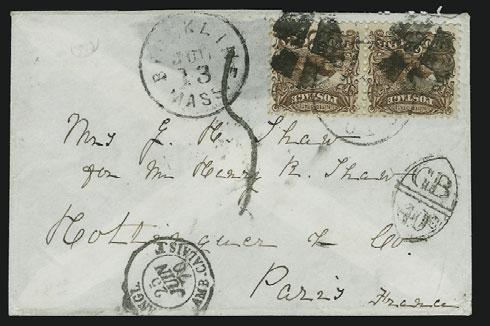 Aug. 18 circular datestamp on cover to Paris, France, well-struck GB/40c accountancy marking, Boston and Calais transits, 5 decimes due handstamp, fresh and Very Fine, a pretty cover, ex