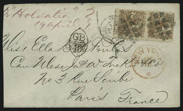 13 duplex datestamp on small 1870 cover to Paris, France, Calais transit, GB/40c accountancy and 5 decimes due handstamps, transit backstamps, part of backflap removed, otherwise Fine...... E.