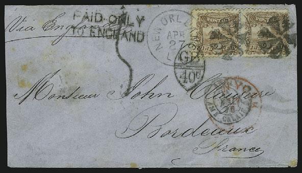 19 circular datestamp on 1870 cover to Paris, France, French transit ties pair, GB/40c accountancy and 5 decimes due handstamps, transit backstamps, slightly reduced at left, Fine, signed