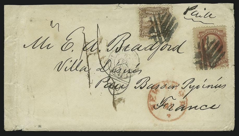 MAIL TO FRANCE 94 94 ` 2c Brown (113). Used with 6c Carmine (148), insect damage in lower right corner, each tied by Leaf fancy cancel, red New York Apr.