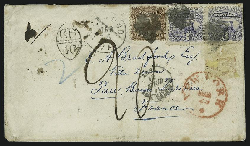 15 decimes due, transit backstamps, half of backflap removed, minor edge faults, Fine, rare mixedissue combination for double 4c Open Mail rate, signed Ashbrook... E.