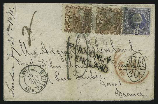 15 decimes due (treated as triple-rate in France), expertly restored edgewear, Very Fine, scarce rate and usage... E. 300-400 97 ` 2c Brown, 6c Ultramarine (113, 115). 2c pair with natural s.e., tied by segmented cork cancels, red New York Jan.