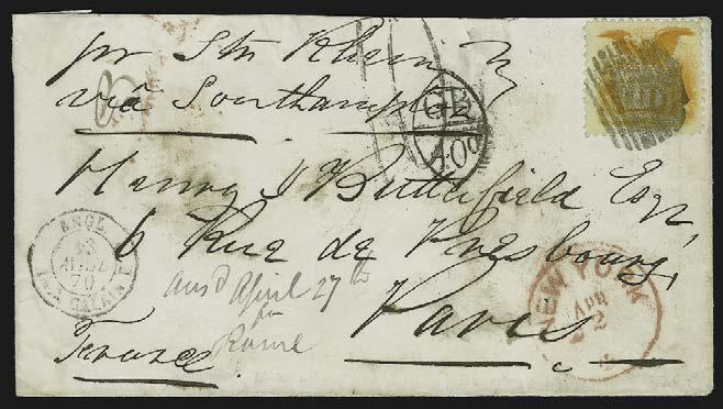 applied by Munroe & Co., most of backflap removed, tiny tear in one 2c, otherwise Fine, 10c prepayment for direct mail rate but sent via England at 4c rate... E. 400-500 98 ` 10c Yellow (116).