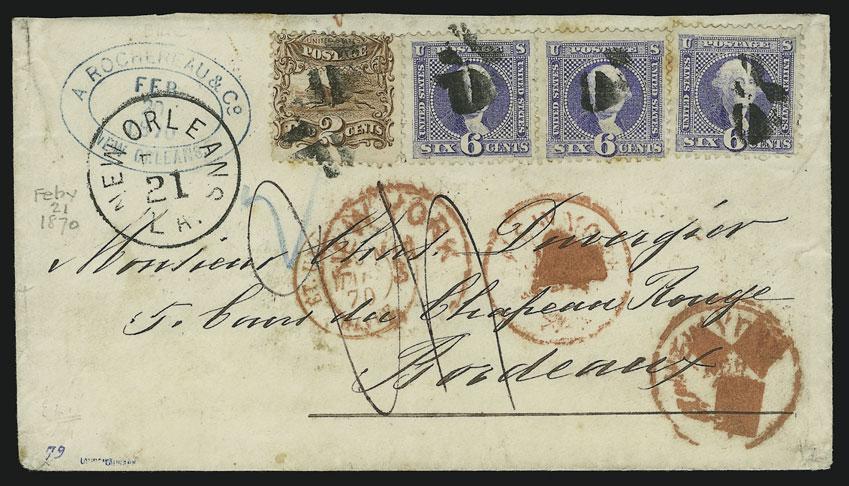 MAIL TO FRANCE 99 99 ` 2c Brown, 6c Ultramarine (113, 115). Three 6c used with 2c, cancelled or tied by circle of wedges cancels, New Orleans La. Feb.