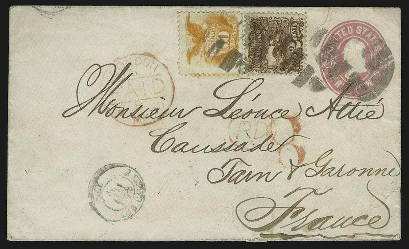 MAIL TO FRANCE 101 101 ` 2c Brown, 10c Yellow (113, 116). 10c corner slightly torn before use, tied by segmented cork cancels on 3c Pink entire to Caussade, France, red New York Paid All Br.