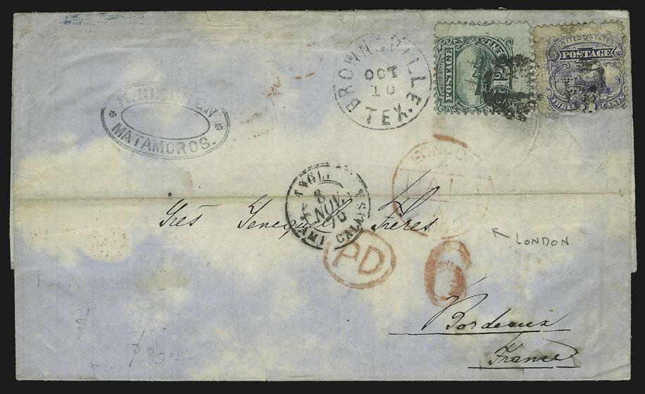 23 (1870) backstamp, matching 8 credit handstamp, red London transit and PD in oval, Calais transit and French receiving backstamps, few small edge tears, otherwise Very Fine, colorful franking