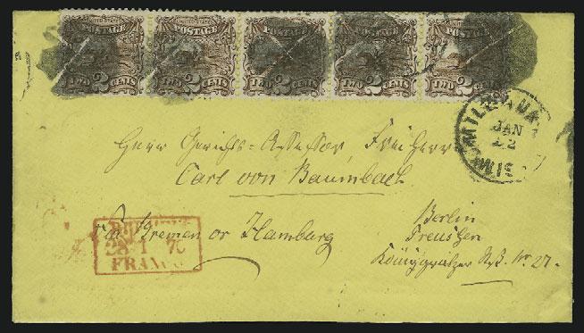 attractive 15c P.C.M. usage... E. 400-500 104 ` 2c Brown (113). Strip of five, tied by quartered cork and Milwaukee Wis. Jan.