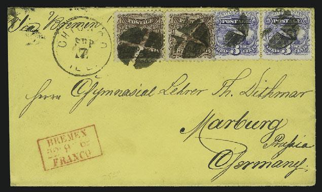 750-1,000 105 ` 2c Brown, 3c Ultramarine (113, 114). Pairs of each, tied by quartered cork cancels, Chicago Ill. Sep.