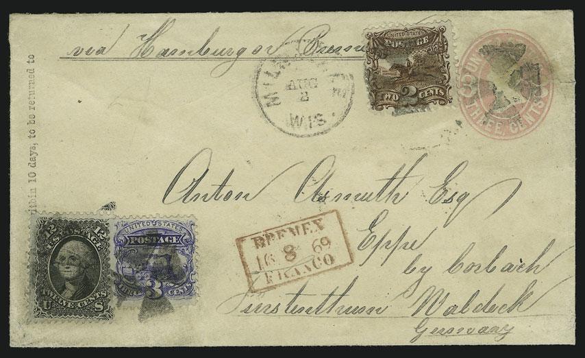 MAIL TO GERMANY 107 107 ` 2c Brown, 3c Ultramarine (113, 114). Used with 12c Black, F. Grill (97), tied by quartered cork cancels, Milwaukee Wis. Aug.