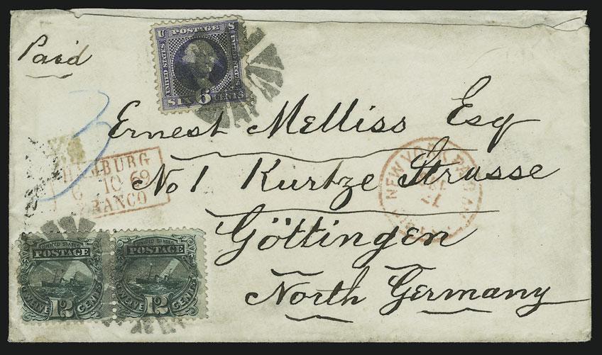 10c rate, signed Ashbrook... E. 750-1,000 108 108 ` 6c Ultramarine, 12c Green (115, 117). 12c pair, stamps have tiny corner creases, tied by circle of V s cancels, red New York Paid All Direct Sep.