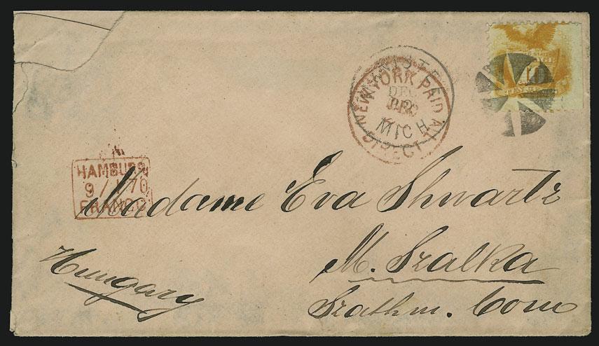 at lower left... VERY FINE APPEARANCE. THIS IS THE ONLY RECORDED COVER TO HUNGARY BEARING THE 15-CENT 1869 PICTORIAL ISSUE.