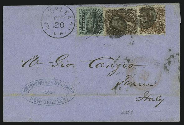 GERMAN MAILS TO EUROPE AND SCANDINAVIA 111 112 113 114 111 ` 2c Brown, 12c Green (113, 117). Used with 5c Brown (76), tied by circular cork cancels, New Orleans La. Oct.