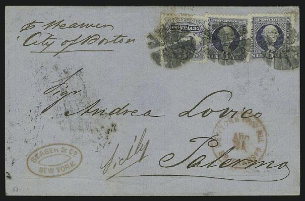 26 circular datestamp, receiving backstamps, light toning along file fold, Very Fine, extremely rare mixed-issue combination for 19c rate, ex Gibson, signed Ashbrook...... E.