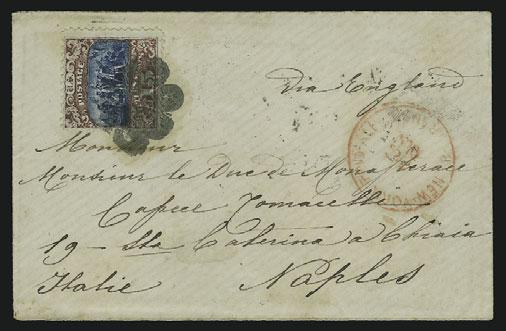 Transit Aug. 21 circular datestamp on 1869 blue folded cover to Palermo, Italy, sender s red oval, receiving backstamp, Fine, unusual franking for 15c rate, ex Gibson... E.