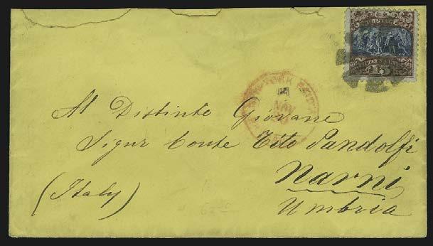 22 (1869) circular datestamp on small cover to Naples, Italy, receiving backstamps, Fine, signed Ashbrook... E. 300-400 114 ` 15c Brown & Blue, Ty. II (119).