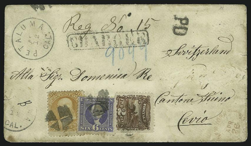 Transit circular datestamp struck partly off cover, receiving backstamp, fresh and Very Fine color mixed-issue franking for 10c rate.... E. 500-750 116 116 ` 2c Brown, 6c Ultramarine (113, 115). 2c s.