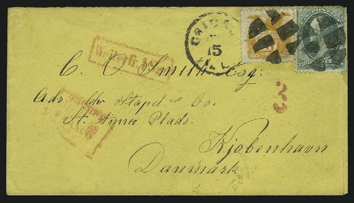 GERMAN MAILS TO EUROPE AND SCANDINAVIA 117 118 119 117 ` 10c Yellow (116). Vivid color, small tear at top, used with 3c Green (147), small faults, tied by segmented cork cancels, Chicago Ill. Jul.