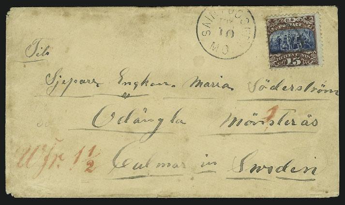 mixedissue franking for 13c rate (rate reduced to 10c in October 1871), signed Ashbrook...... E. 1,000-1,500 118 ` 2c Brown, 3c Ultramarine (113, 114). 2c s.e., used with 3c pair and 30c Orange, F.