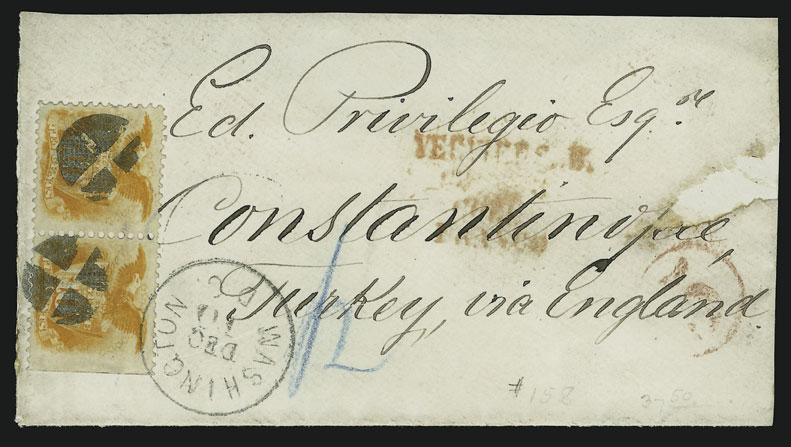 crayon rate notation, bold Beirut receiving datestamp on front of cover, small part of backflap removed, slight edgewear, still Very Fine, a colorful and scarce 10c 1869 usage to Syria at 20c N.G.U.