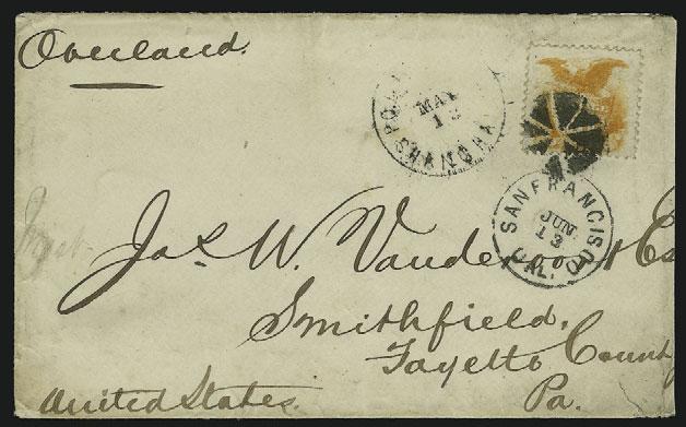 27 circular datestamp on small cover to Hong Kong, China, sender s routing Via Marseilles and prepaid for the obsolete 53c rate for British Mail via Marseilles, large magenta Paid All in circle