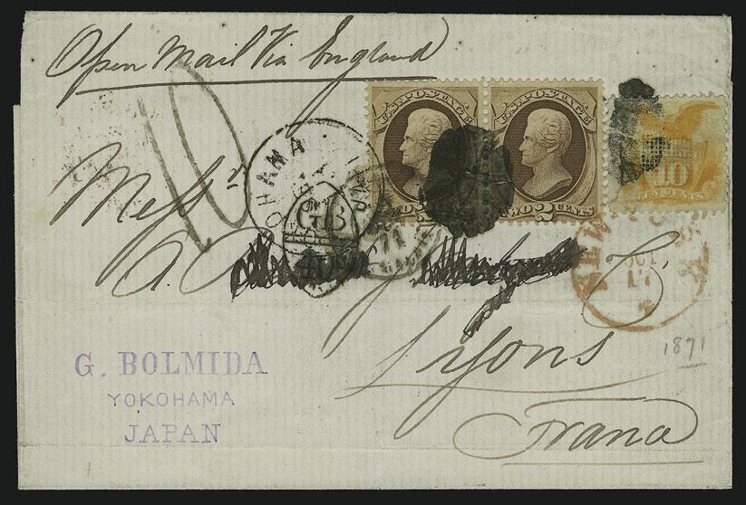 UNITED STATES POST OFFICES IN JAPAN 128 128 ` 10c Yellow (116). Well-centered, vivid color, pre-use tear at left, used with 2c Red Brown (146), pair, tied by cork cancels and Yokohama Japan Sep.