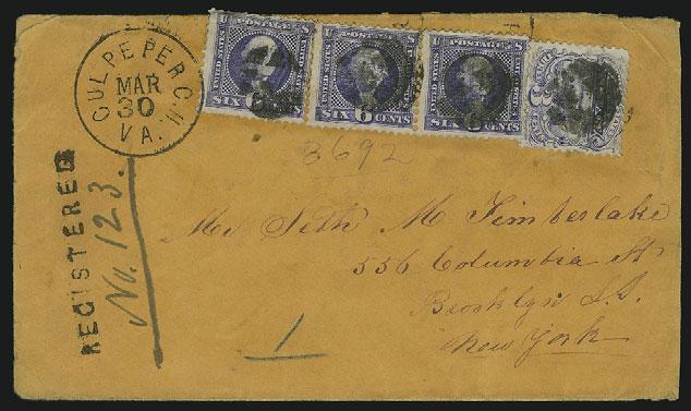 500-750 34 34 ` 6c Ultramarine (115). Horizontal strip of six, third stamp from left has sealed tear, used with 3c Green (147), tied by circular cork cancels, faint Greensboro Ala. Jul.