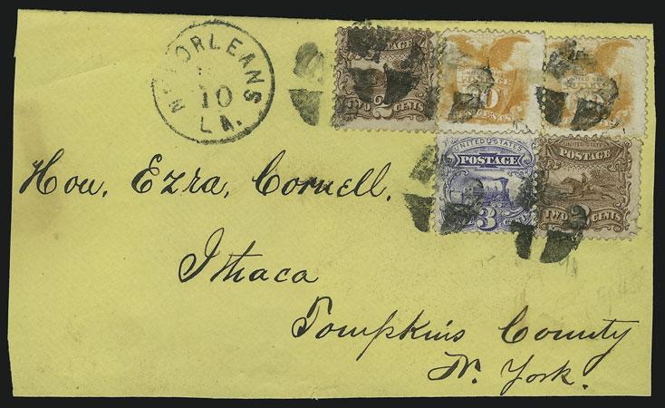 .. E. 500-750 37 10c Yellow (116). Two, used with two 2c Brown (113) and 3c Ultramarine (114), minor stamp faults, tied by quartered corks, New Orleans La.