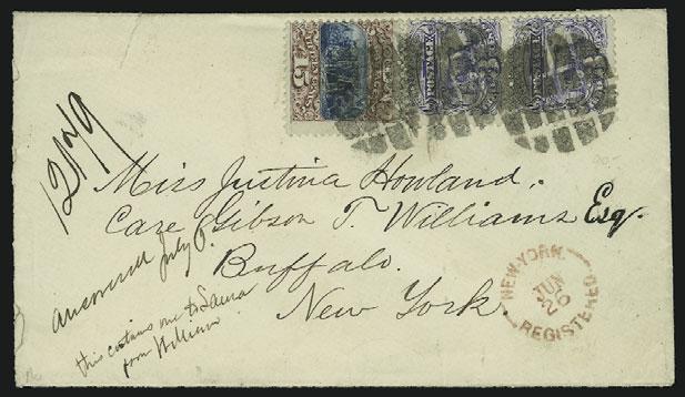 , docketed on back with 1869 year date, slightly reduced at right, perf stains, otherwise Very Fine, scarce multiple of 15c Type I... E. 1,000-1,500 40 ` 15c Brown & Blue, Ty.