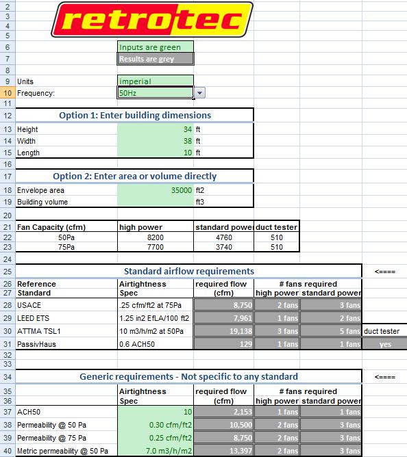1.3 Use Retrotec s Number of Fan Calculator spreadsheet Retrotec s Number of Fan Calculator is an Excel spreadsheet that performs the calculations described above, for Retrotec fans.