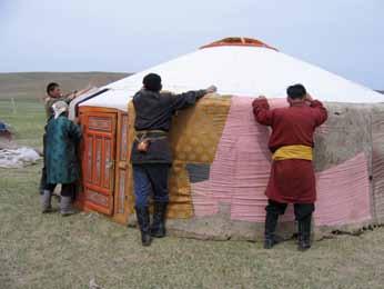 People working together to build a ger Naadam