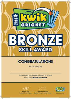 Kwik Cricket Skill Awards The Kwik Cricket Skill Awards Scheme is in 3 parts, Bronze, Silver and Gold.