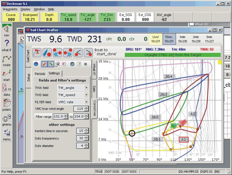 The Settings sub-tab is to manage fields to use, the filter to apply and how to display the found points. TWA and TWS fields are the deckman database fields where True Wind Angle and Speed are stored.
