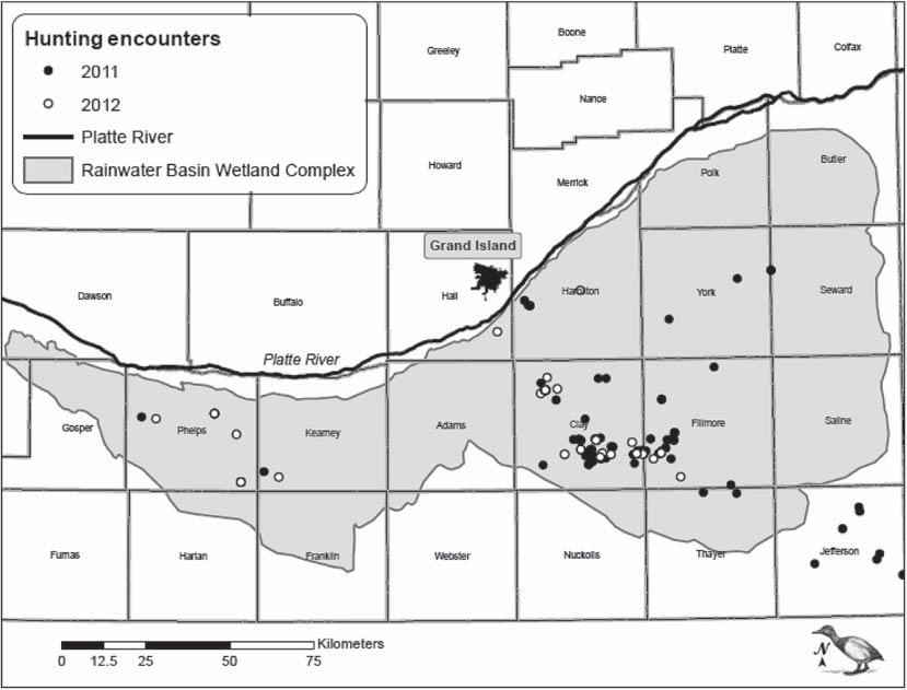 Figure 2. Location of hunting encounters observed during the Light Goose Conservation Order (n 168) in the Rainwater Basin of Nebraska in springs 2011 and 2012.